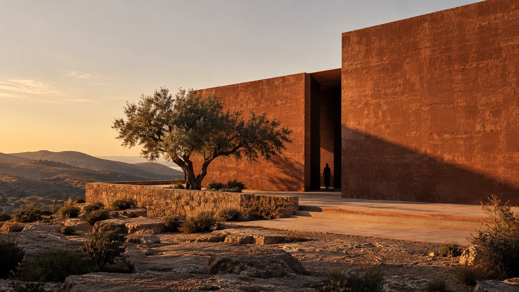 Sculptural terracotta architecture in warm desert light