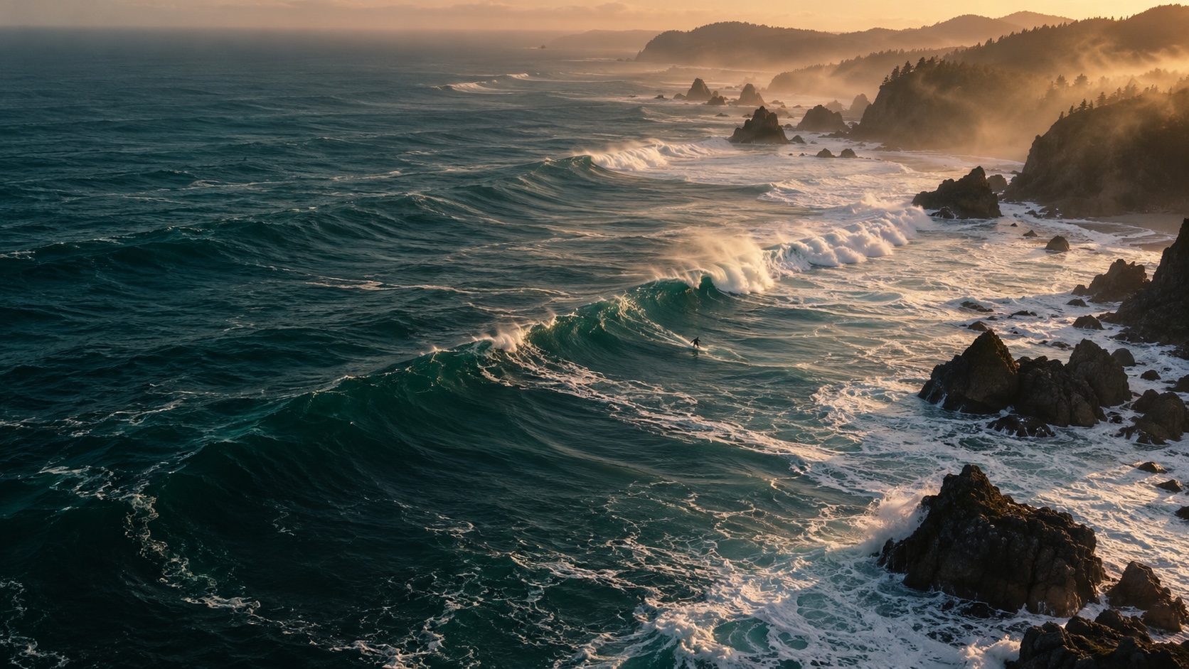 Cinematic aerial view of silver surf meeting a dark Pacific coastline